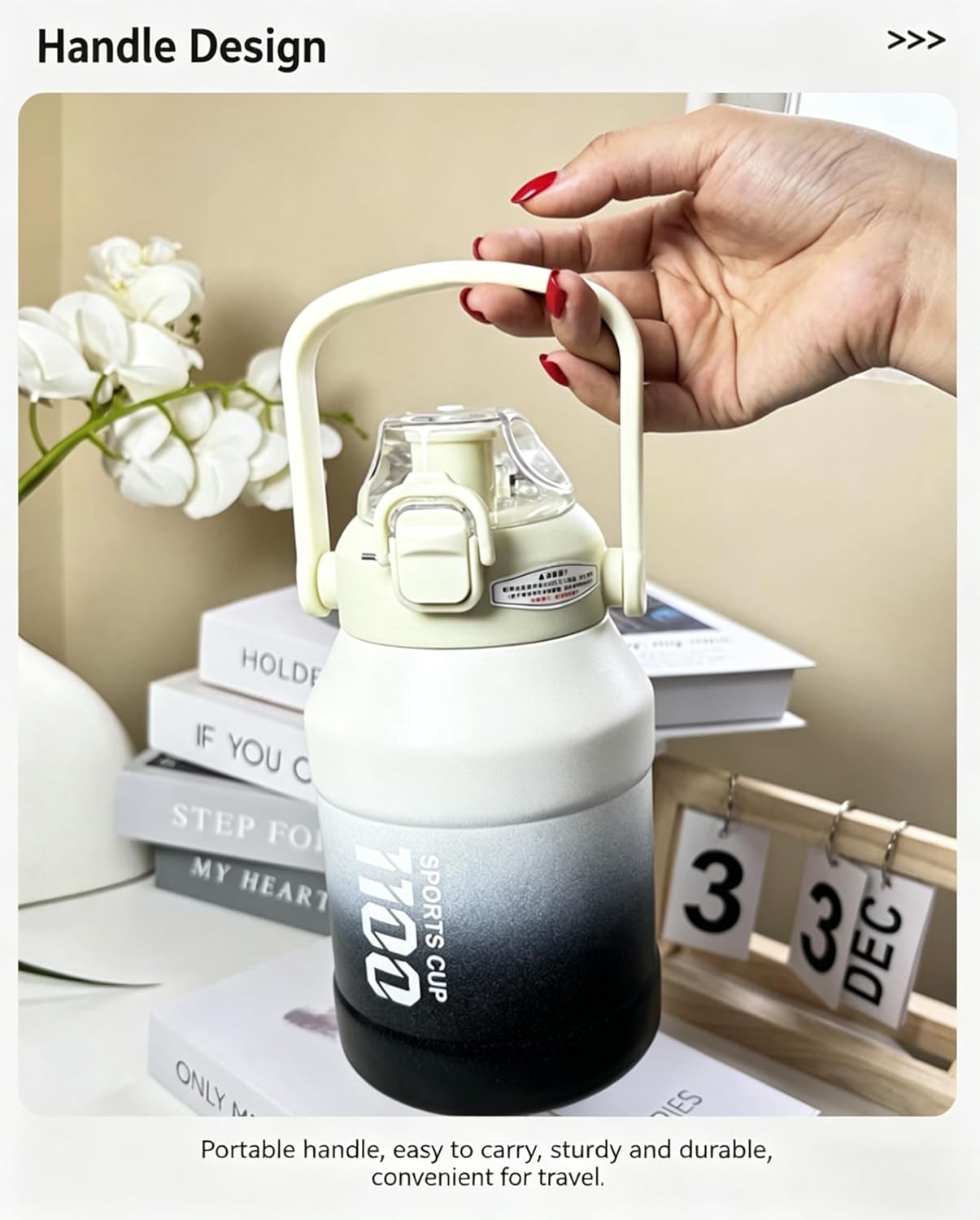 38oz (1100ml) Insulated Water Bottle, 316 Stainless Steel Sports Water Jug with Handle & Flip Straw Lid, Leak-Proof Double Wall Vacuum Flask for Gym, Hiking, Travel