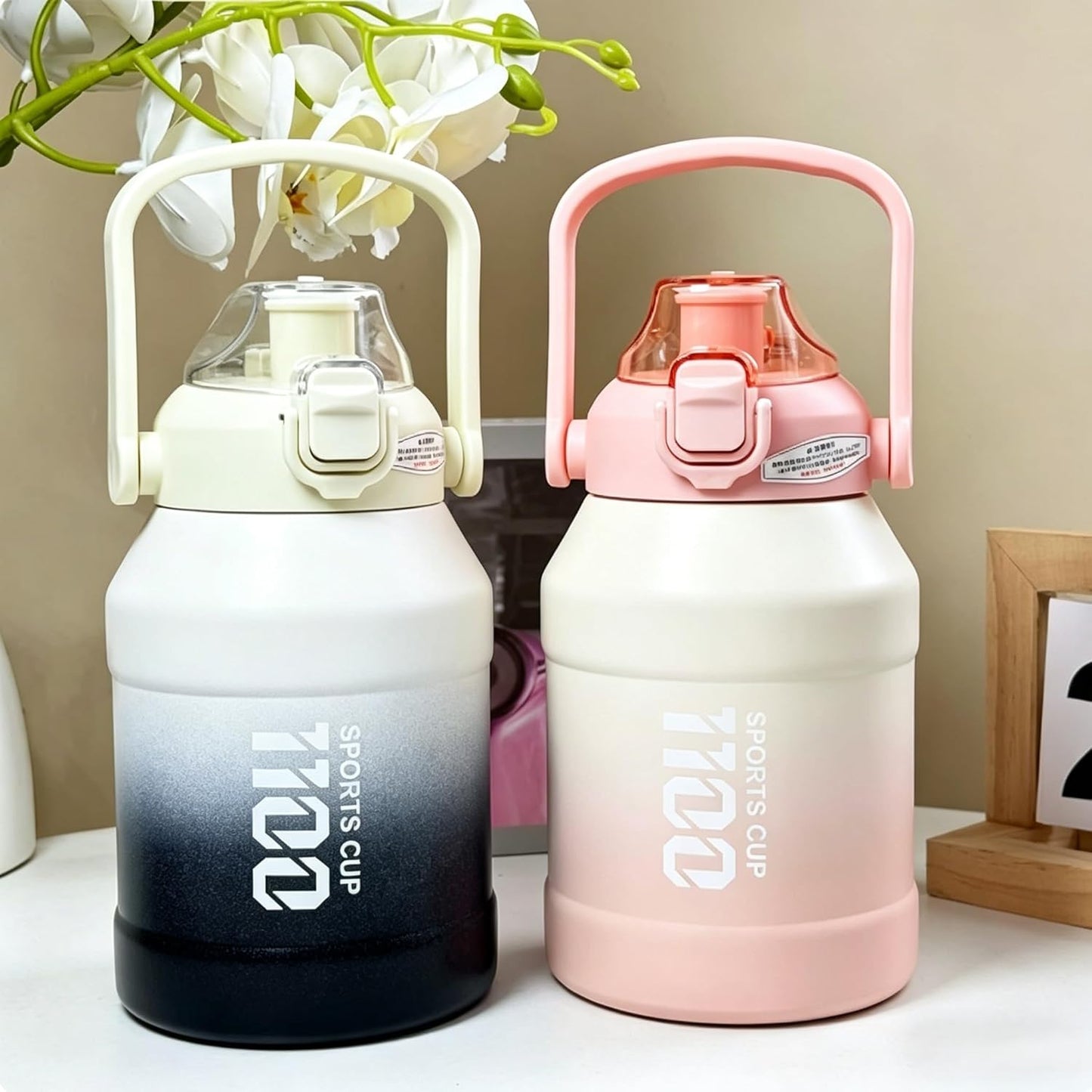 38oz (1100ml) Insulated Water Bottle, 316 Stainless Steel Sports Water Jug with Handle & Flip Straw Lid, Leak-Proof Double Wall Vacuum Flask for Gym, Hiking, Travel