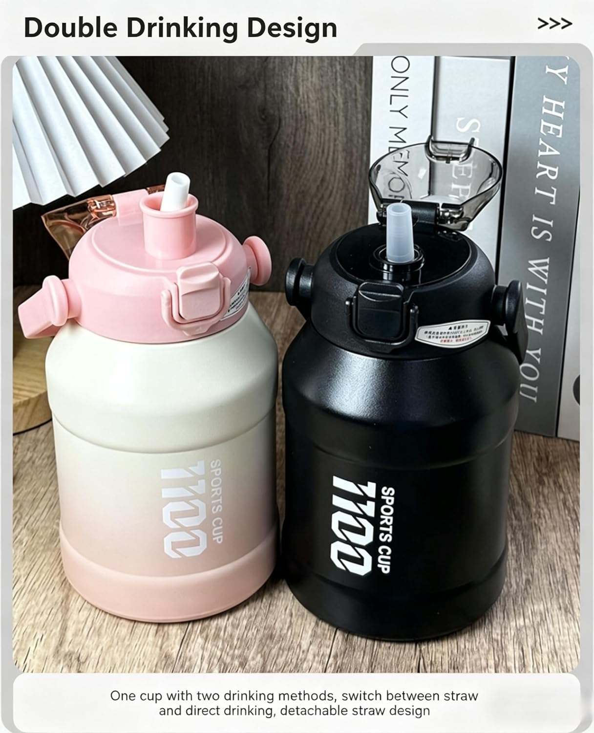 38oz (1100ml) Insulated Water Bottle, 316 Stainless Steel Sports Water Jug with Handle & Flip Straw Lid, Leak-Proof Double Wall Vacuum Flask for Gym, Hiking, Travel